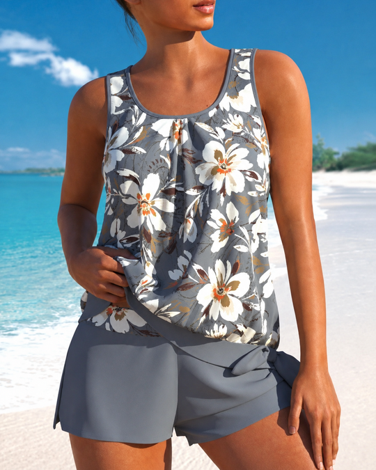 Kvinders Tankini Sæt med Blomsterprint og To Farver