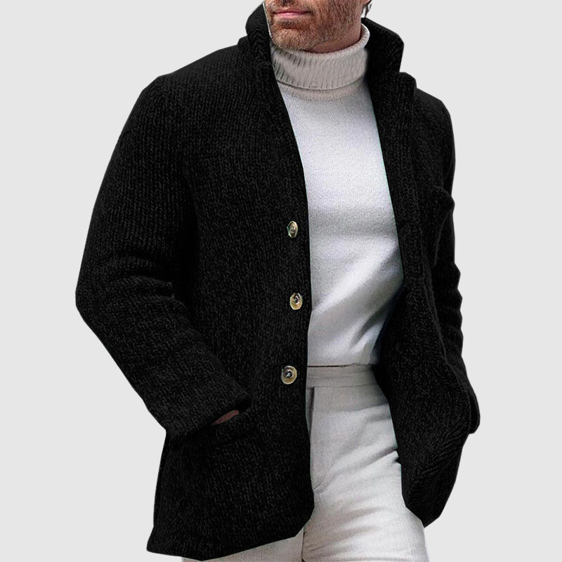 Herre Strikket Cardigan - Chunky Tekstur - Stå-Krave - Knap-Front 4