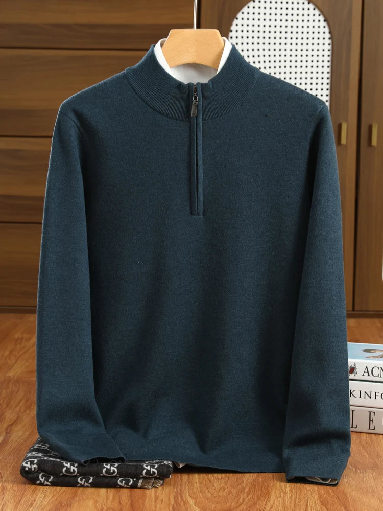 Herre Striktrøje Halvhøj Krave Merino Uld Pullover Casual 6