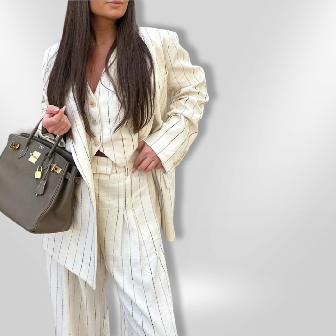 Kvinders Blazer Sæt med Bred Bukser og Stribet Design 2
