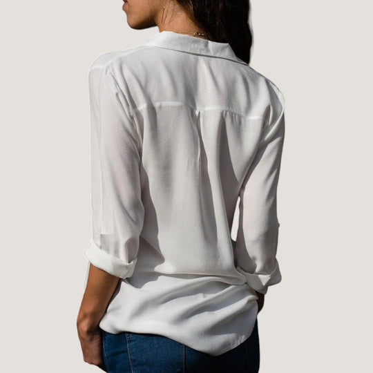 Kvinders Bluse i Chiffon med V-hals og Knapper 7