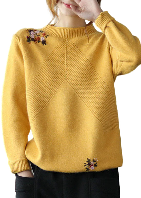 Kvinders Broderet Blomsterstrikket Sweater 0