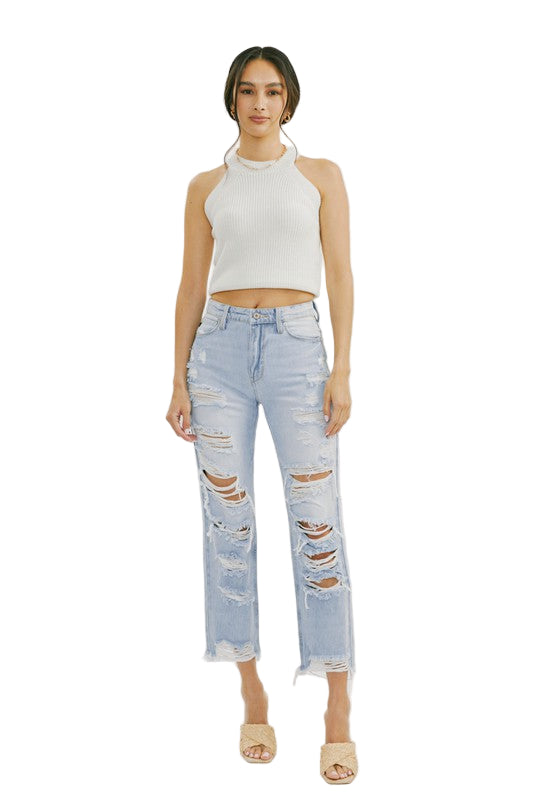 Kvinders Høj Talje Distressed Jeans Let Denim 0