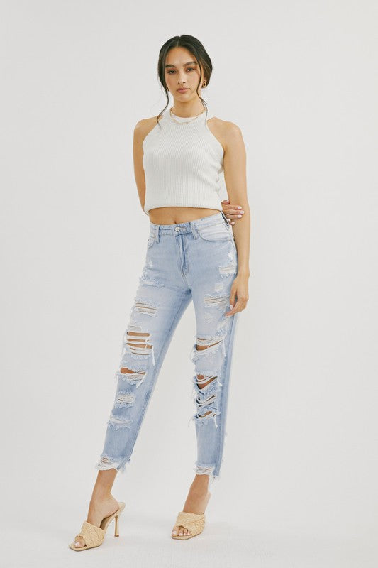 Kvinders Høj Talje Distressed Jeans Let Denim 1