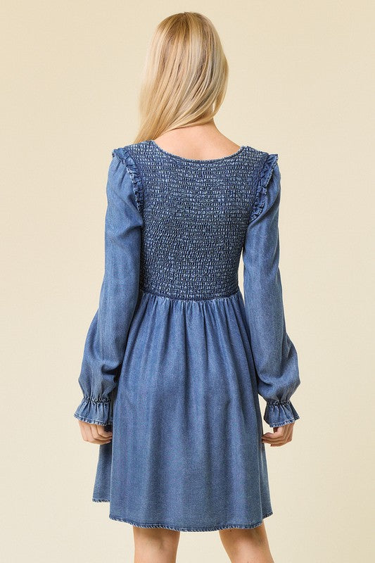 Kvinders Mini Kjole V-Hals Smocked Denim 3