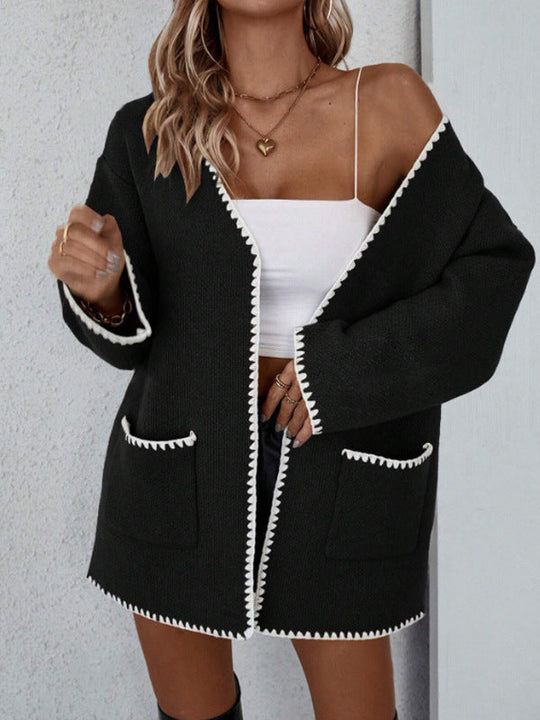 Kvinders Oversized Cardigan med Åben Front og Ribbet Trim 2