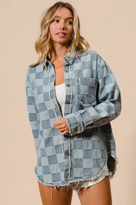 Kvinders Oversized Denim Skjorte Tjekket 100% Bomuld Frayed Kant 7