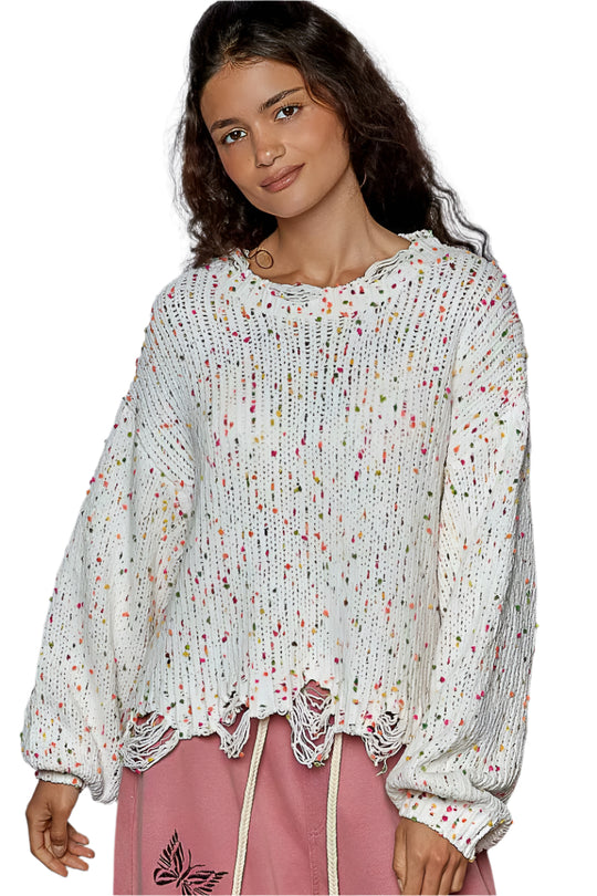 Kvinders Rund Hals Sweater Popcorn Tekstur Polyester Med Fransede Detaljer 1
