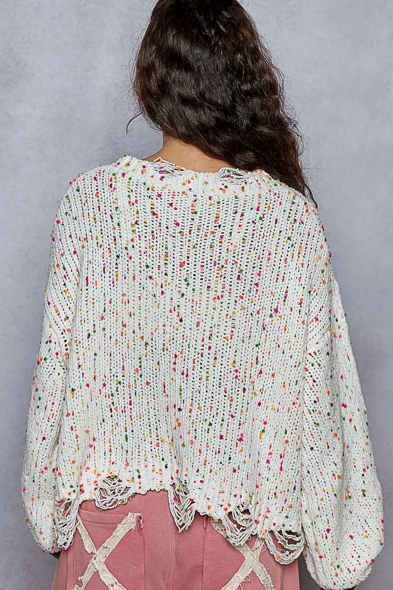 Kvinders Rund Hals Sweater Popcorn Tekstur Polyester Med Fransede Detaljer 3