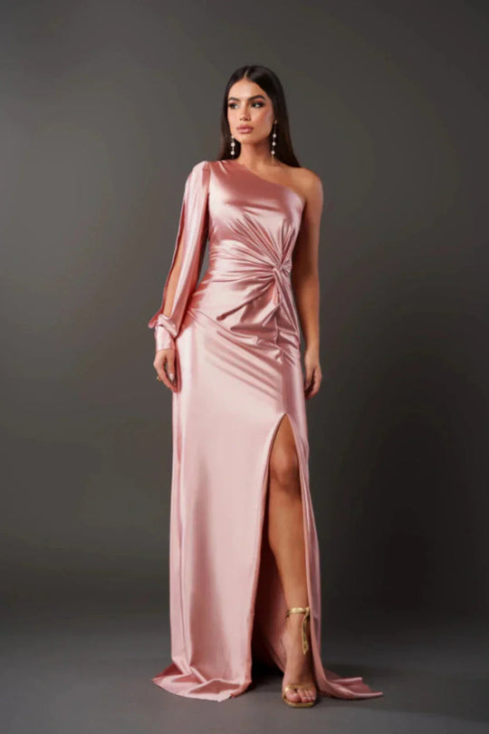 Kvinders Satin One-Sleeve Kjole med Slids 10