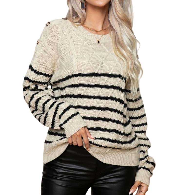 Kvinders Strikket Sweater Med Striber 0