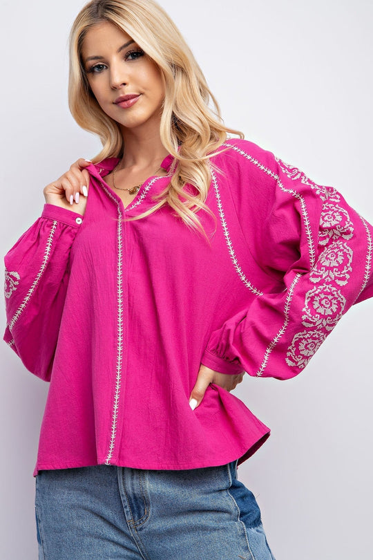 Kvinders Top Boxy Linned med Broderi og Notch Udsnit 1