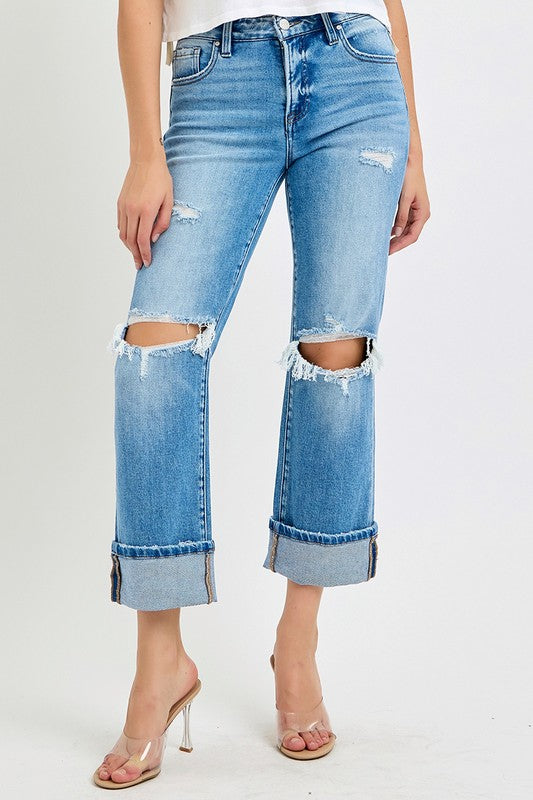 Mænds Straight Cuffed Jeans Mid Rise Denim 1