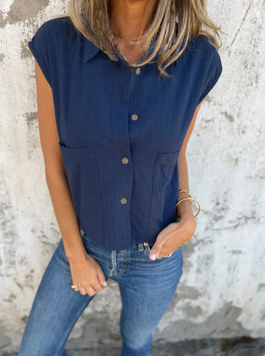 Skjortebluse Dame Button Down Linned Cap Sleeve Komfortabel Sommer Stil 11