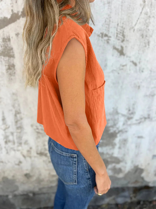 Skjortebluse Dame Button Down Linned Cap Sleeve Komfortabel Sommer Stil 2