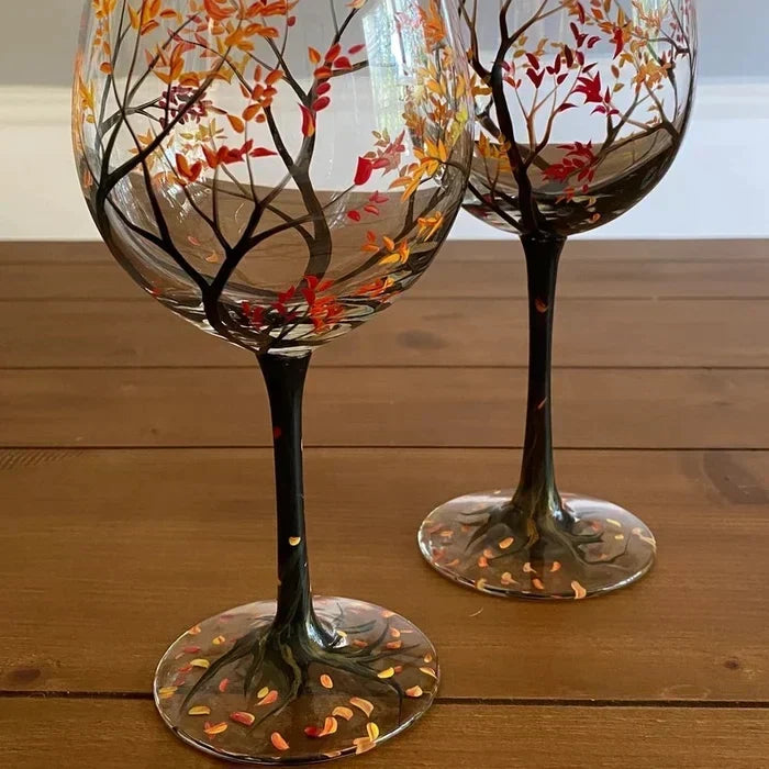 Unisex Vinglas Håndmalet Årstidstræ Design 7