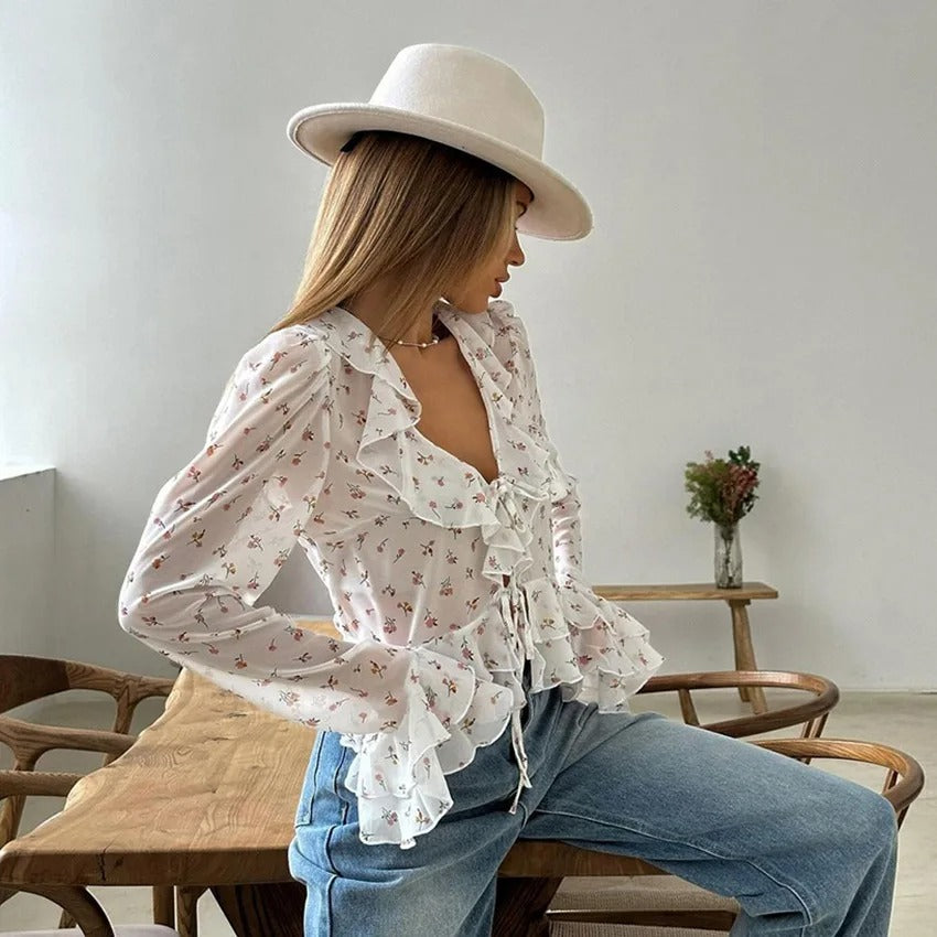 V-hals chiffonbluse med tryk til kvinder