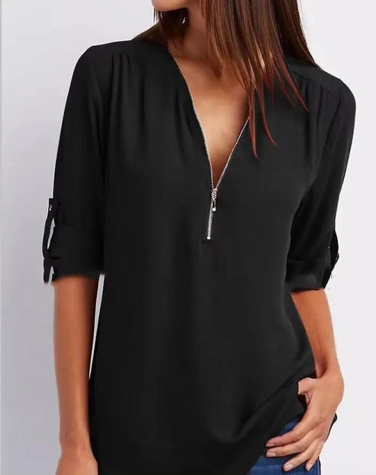 Chiffonbluse med dyb V-hals til kvinder