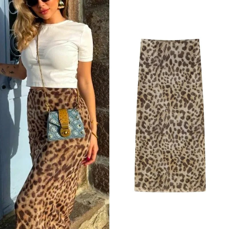 Lang nederdel med leopardprint til kvinder