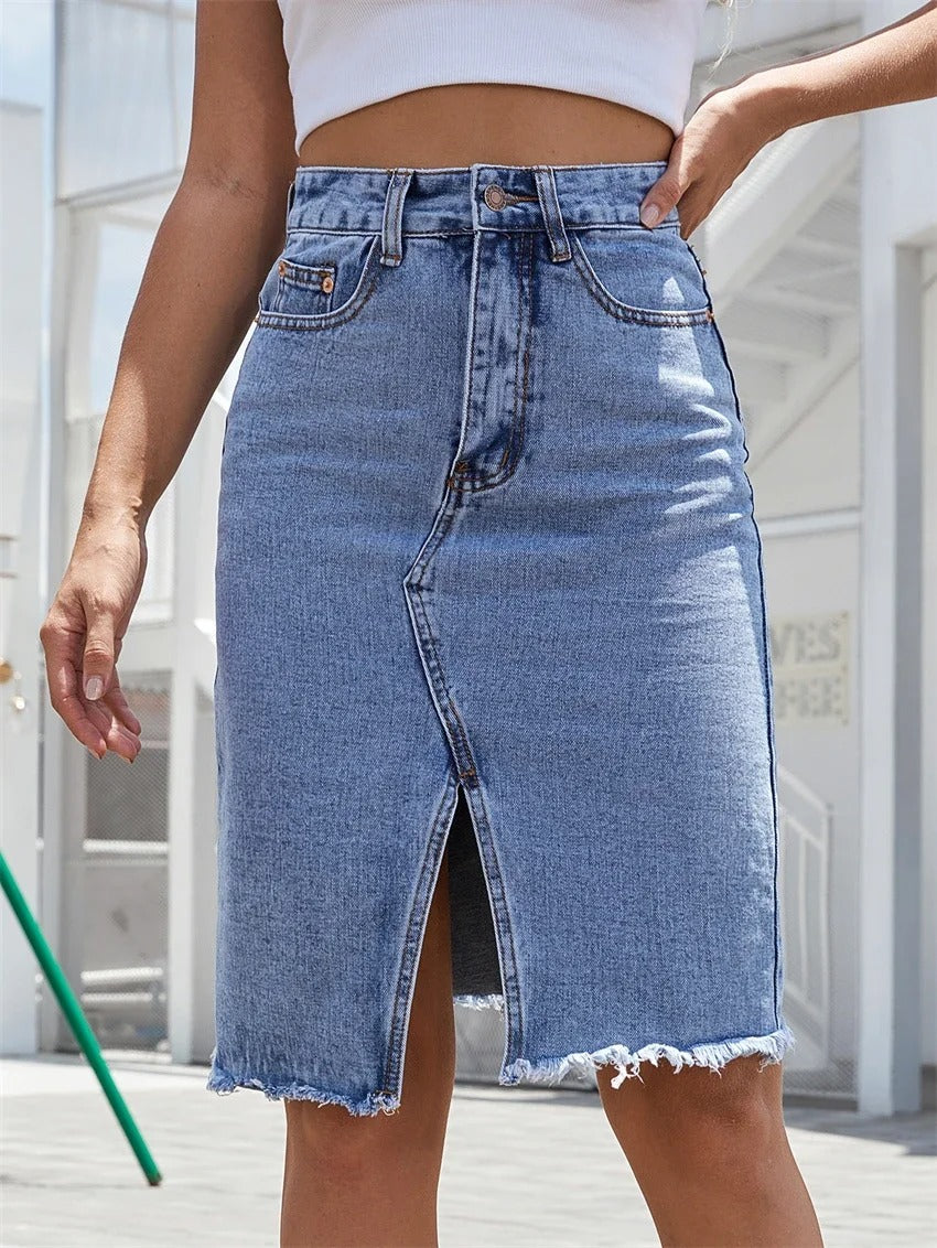 Dame front split denim midi nederdel