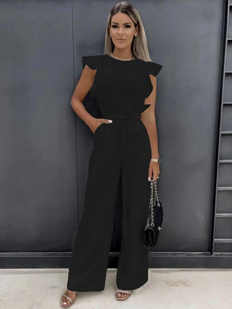 Flæseærmer binde-talje Jumpsuit med brede ben
