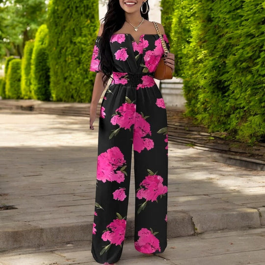 Fashion Print Off-shoulder smocked talje jumpsuit