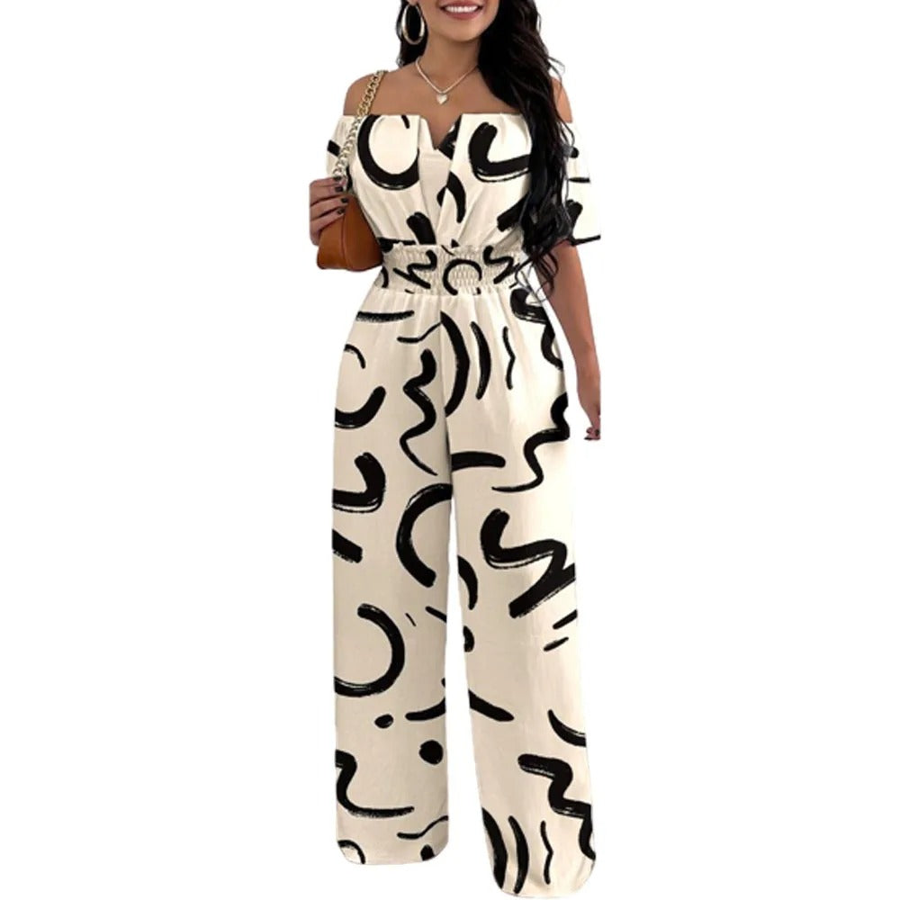 Fashion Print Off-shoulder smocked talje jumpsuit